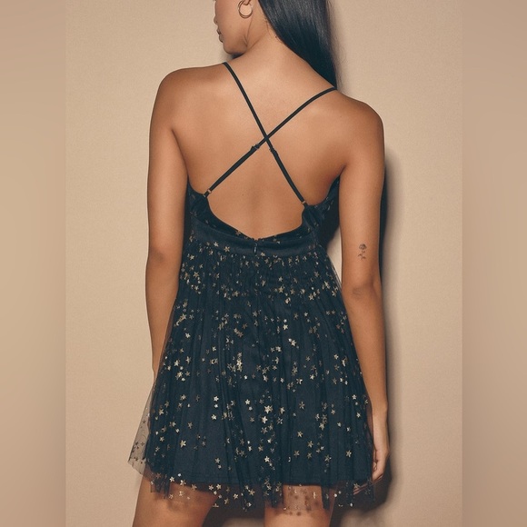 Lulus Favorite Moment Gold and Black Star Print Skater Dress Tulle Glitter - Picture 9 of 9